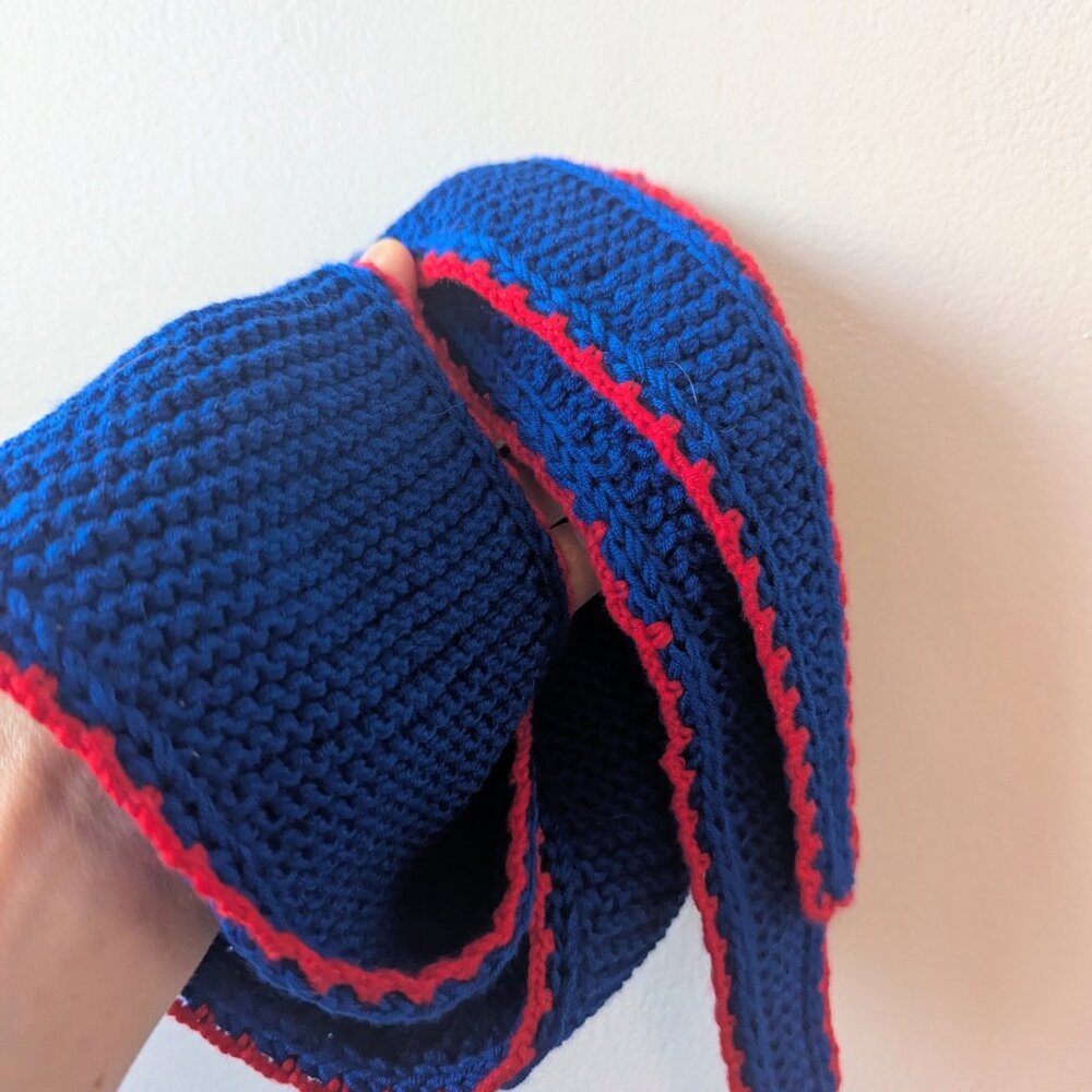 Handmade PetiteKnit Sophie Skinny Scarf Crimson & Cobalt Blue | Scandi Cool Girl - Picture 14 of 15
